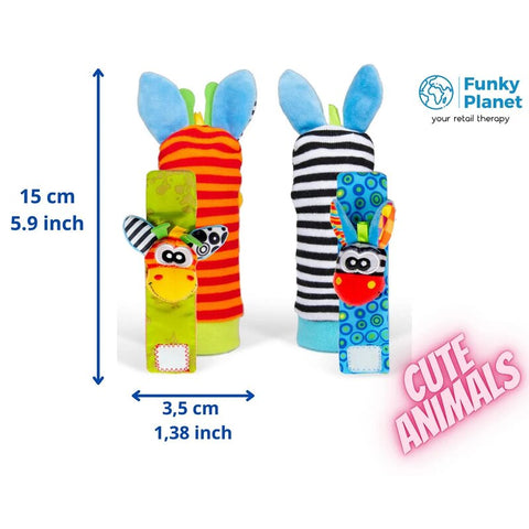 Botosei si bratari cu zornaitoare, Animalute dragute pentru bebelusi, Set 4 piese, 2 pentru maini si 2 pentru picioare, Jungle Wrist Rattle and Foot Finder