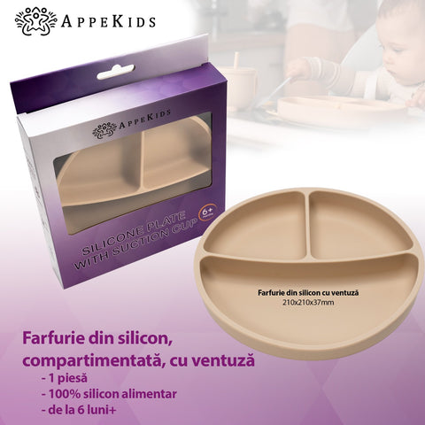 Farfurie compartimentata din silicon cu ventuza, AppeKids - Bubble Beige