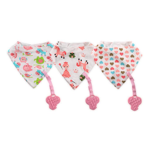 Baveta tip bandana, cu snur si jucarie dentitie, bumbac, Pink