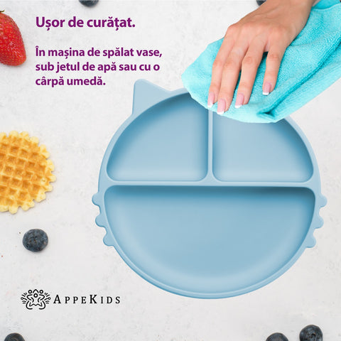 Farfurie compartimentata din silicon cu ventuza, AppeKids - Kitty - Aqua Blue