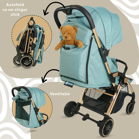 Carucior Sport AppeKids – Upp – Ultracompact, Pliere automata, De la nastere la 22kg - River Green