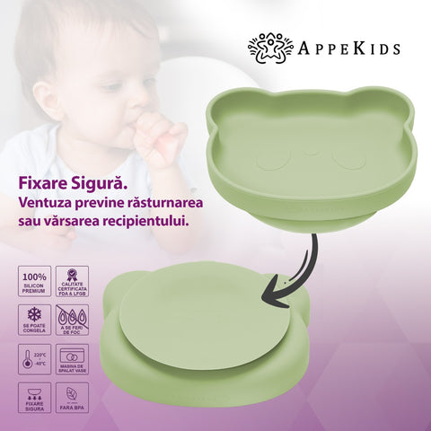 Farfurie din silicon cu ventuza, AppeKids, The Little Bear - Raw Green