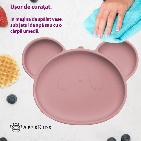 Farfurie din silicon cu ventuza, AppeKids, Panda - Old Rose