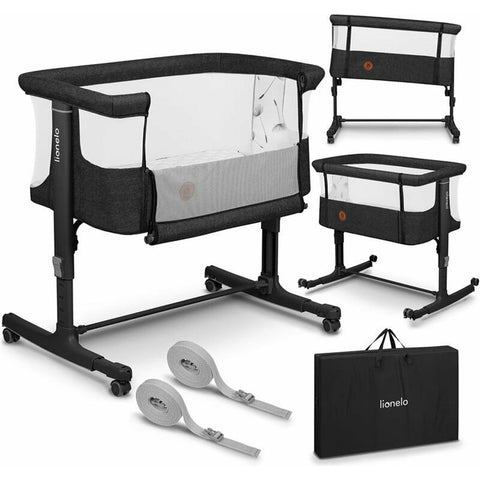 Patut co-sleeper, Lionelo, Aurora, 3 in 1, Cu leganare si setare unghiulara, Include saltea cu densitate T25 si geanta transport, Reglabil in 5 pozitii pe inaltime, Pana la 9 kg, 0 luni+, Conform cu EN 1130:2019+AC:2020, EN 16890:2, Gri inchis