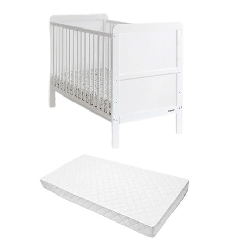 Set Patut Transformabil 2in1, pentru copii, din lemn masiv de Pin, 140 x 70 cm, protectii laterale incluse, Woodies Safe Dreams, Classic, Alb cu Saltea pentru patut copii, Mykids, Cocos, Confort II, 140 x 70 x 10 cm