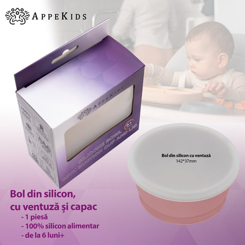 Bol din silicon cu ventuza si capac, AppeKids - Old Rose