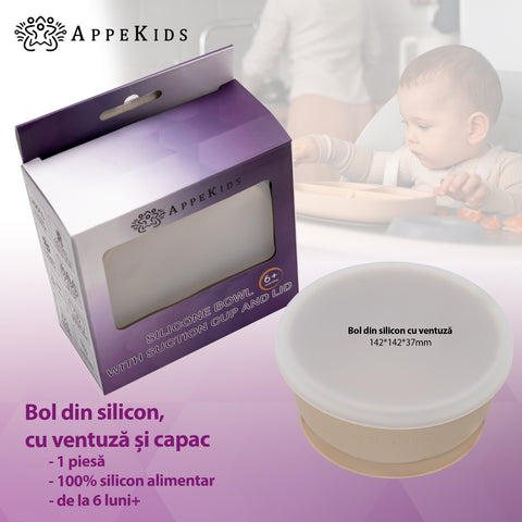 Bol din silicon cu ventuza si capac, AppeKids - Bubble Beige