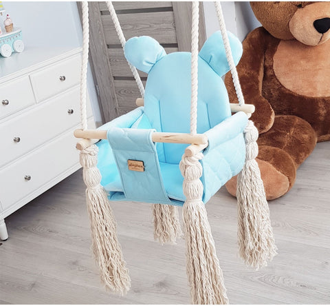 Leagan pentru copii si bebelusi, Catifea Velvet, perna detasabila ursulet Teddy Baby blue