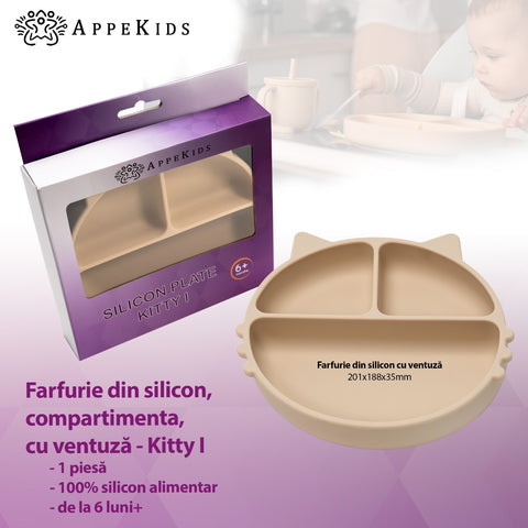 Farfurie compartimentata din silicon cu ventuza, AppeKids - Kitty - Bubble Beige