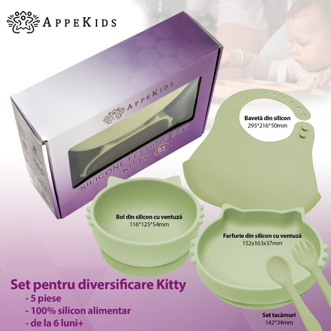 Set Diversificare, AppeKids, 100% Silicon, Kitty - Raw Green