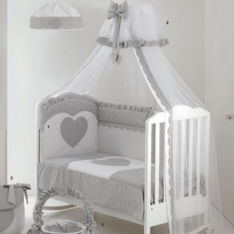 Set Lenjerie de lux din bumbac cu broderie, protectie laterala, pilota, pentru pat bebelusi, Cuore di Mamma Gri, Italia