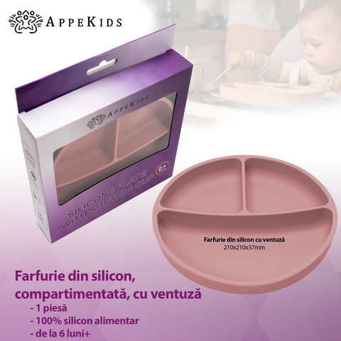 Farfurie compartimentata din silicon cu ventuza, AppeKids - Old Rose