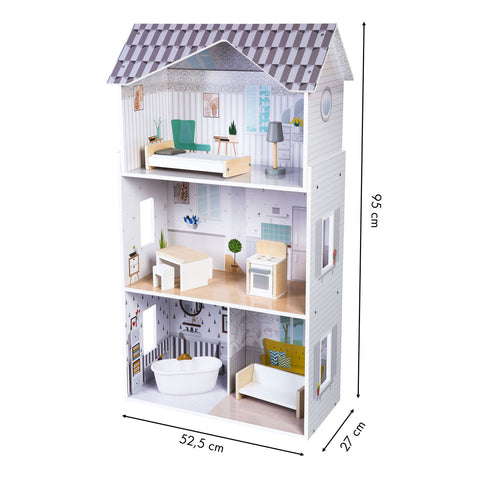 Casuta din lemn pentru papusi, Ecotoys, Grace Residence, cu 3 niveluri, 4 camere, 8 piese de mobilier