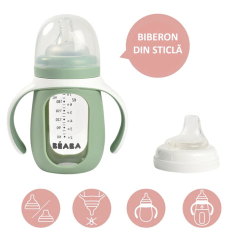 Biberon de invatare 2 in 1 din Sticla Beaba 210 ml Sage Green