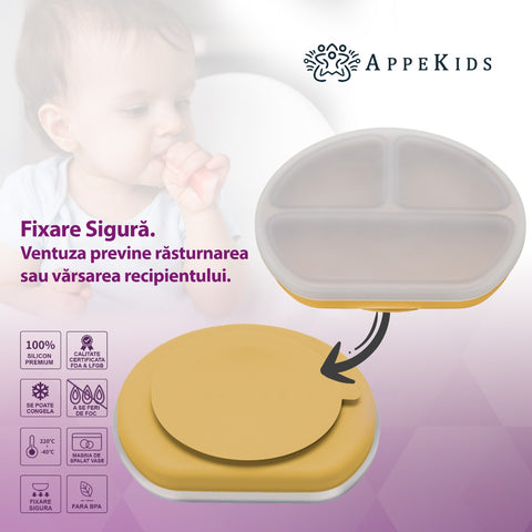 Farfurie compartimentata din silicon cu ventuza si capac, AppeKids - Honey