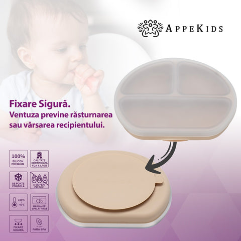 Farfurie compartimentata din silicon cu ventuza si capac, AppeKids - Bubble Beige