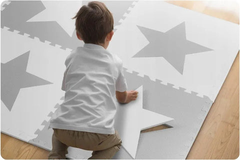 Covoras puzzle din spuma pentru copii, Ricokids, 180x180cm, 9 piese, Star Grey