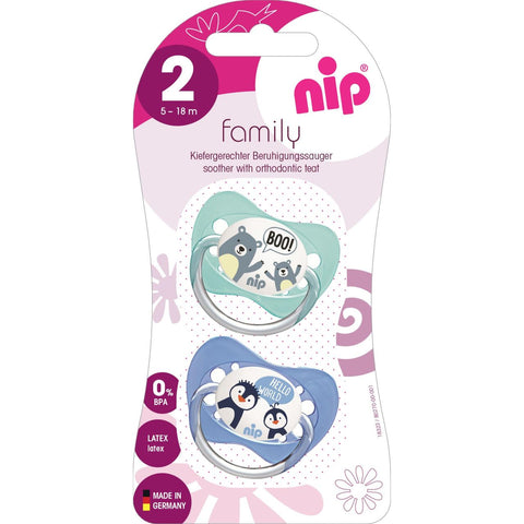 Set 2 suzete Family cu tetina din latex natural, forma anatomica, tetina ortodontica, cu inel, 5-18 luni, nip 31001