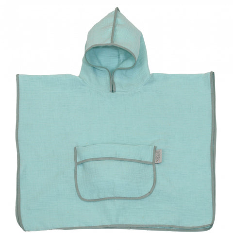 Prosop din bumbac muselina cu gluga si buzunar pentru bebelusi si copii, Poncho, Mint, 60x65 cm