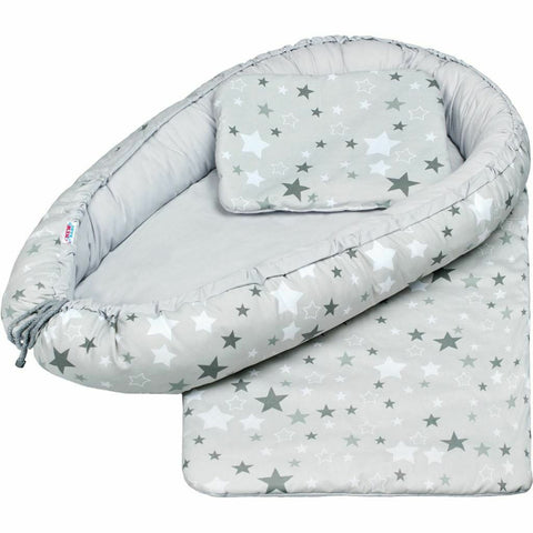 Set 3 piese, New Baby, Baby Nest, Cu paturica si pernuta, White/Grey stars