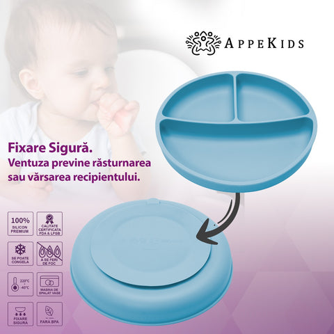 Farfurie compartimentata din silicon cu ventuza, AppeKids - Aqua Blue