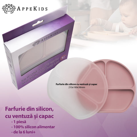 Farfurie compartimentata din silicon cu ventuza si capac, AppeKids - Old Rose