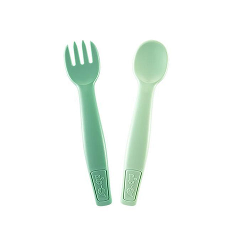 Set tacamuri Eat Green pentru bebelusi, lingurita si furculita, din plastic bio, lavabile in masina de spalat vase, 9+ luni, nip 38605, green