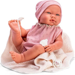 Bebeluș Maria cu Costumaș Roz și Păturică Bej 43cm