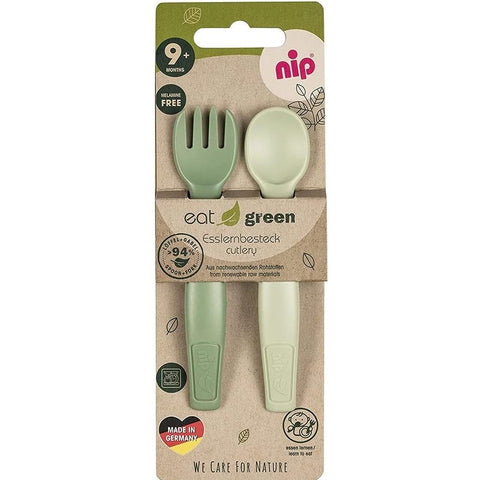 Set tacamuri Eat Green pentru bebelusi, lingurita si furculita, din plastic bio, lavabile in masina de spalat vase, 9+ luni, nip 38605, green