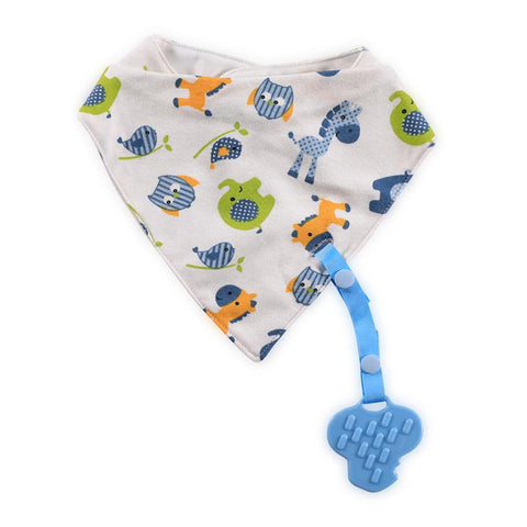 Baveta tip bandana, cu snur si jucarie dentitie, bumbac, Blue