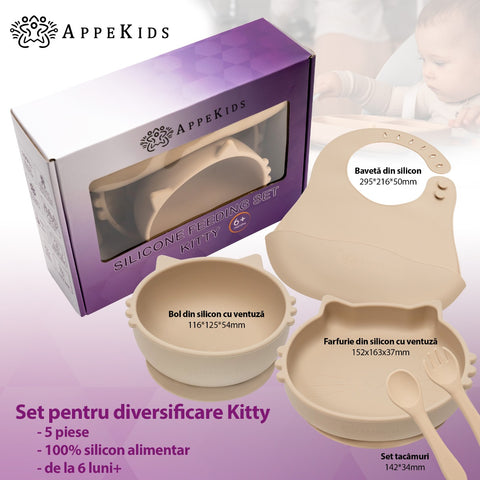 Set Diversificare, AppeKids, 100% Silicon, Kitty - Bubble Beige