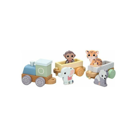 Trenulet, Joueco, Din lemn certificat FSC, Cu locomotiva si doua vagoane, Include 4 figurine in forma de maimuta, tigru, elefant si panda 18 luni+, Multicolor